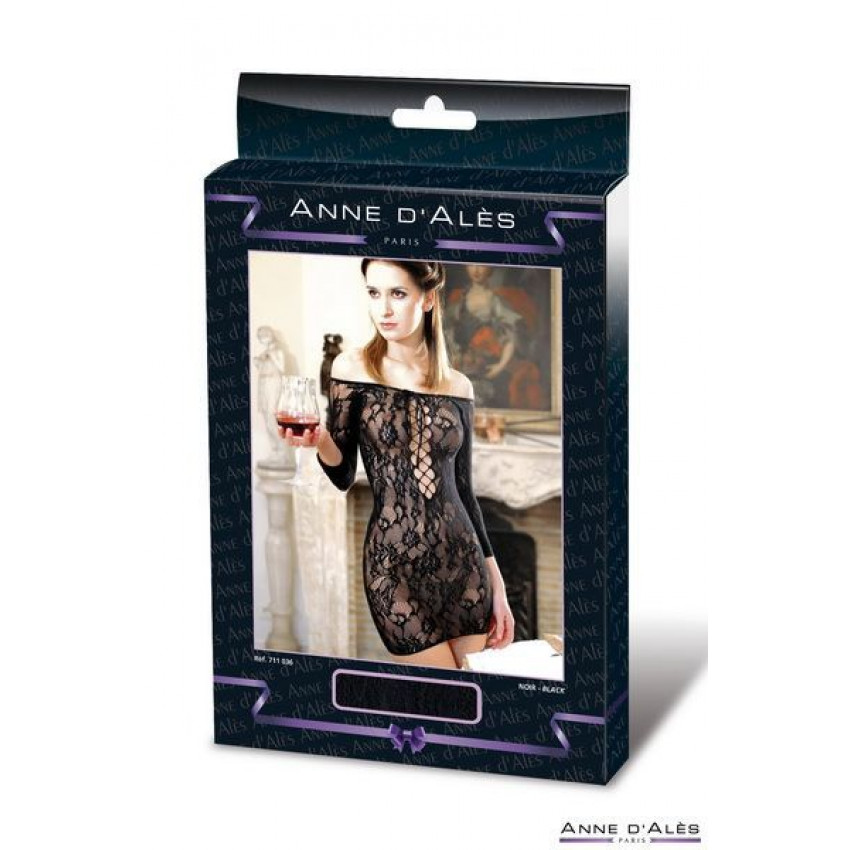 Anne De Ales FETISH DINNER Mesh Dress with Neckline Black S / M Off Shoulder
