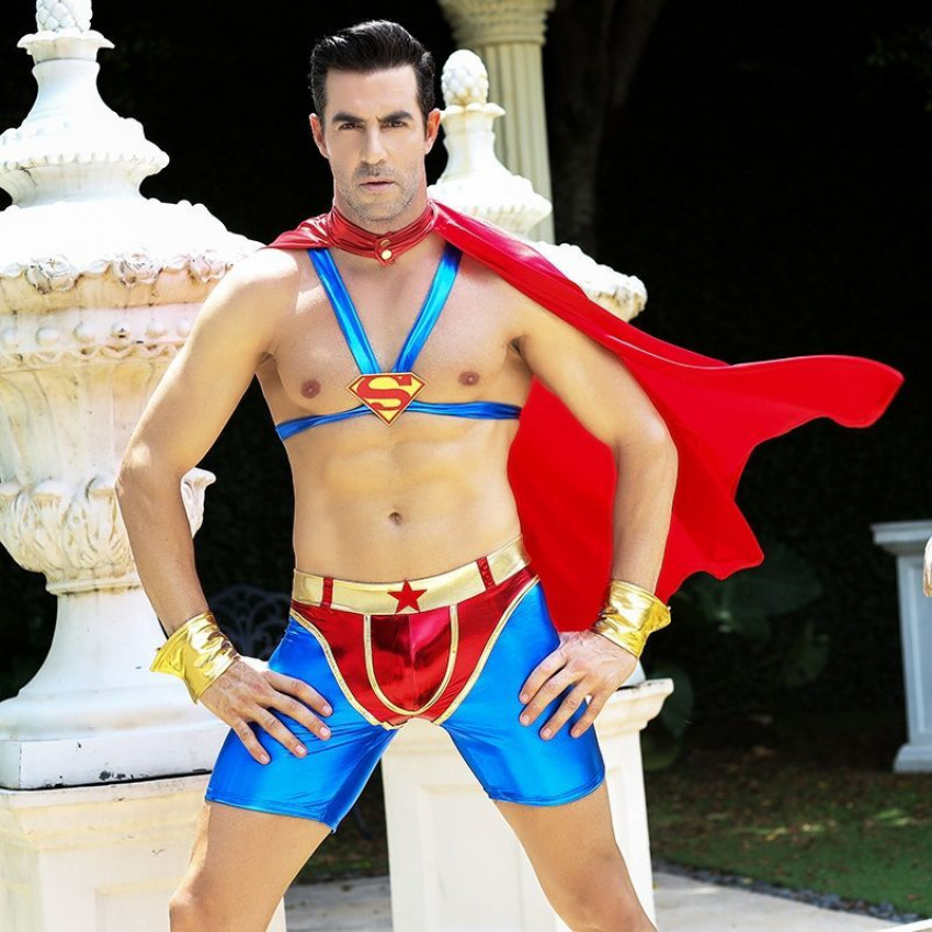 Men's erotic superman costume "Ready for anything Steve" One Size: raincoat, portupea, shorts, cuffs
