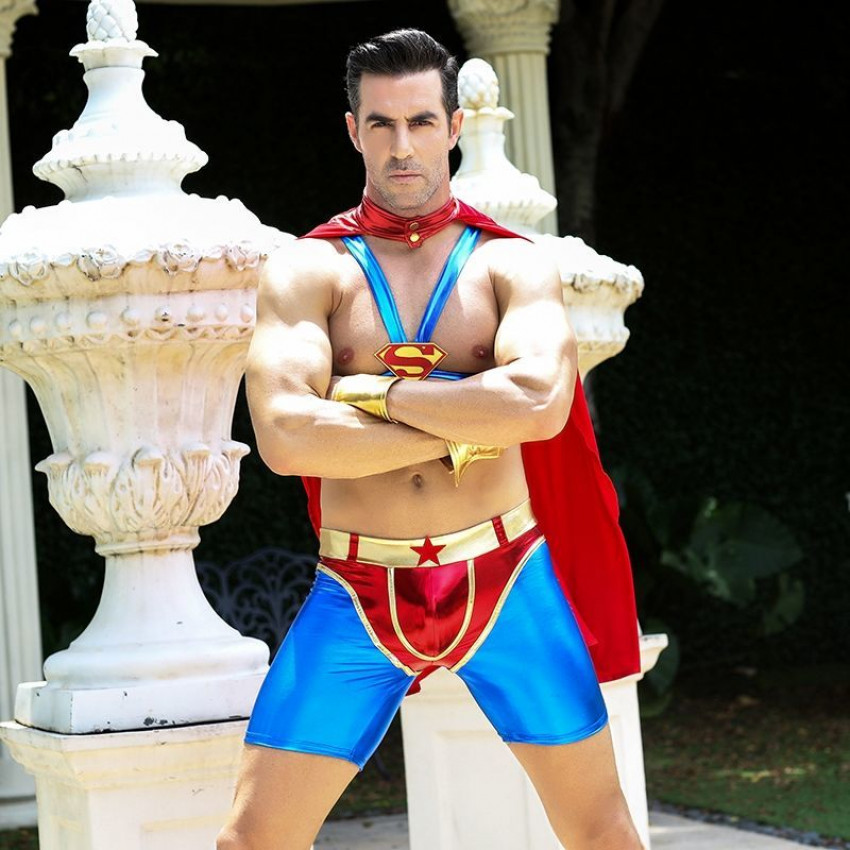 Men's erotic superman costume "Ready for anything Steve" One Size: raincoat, portupea, shorts, cuffs