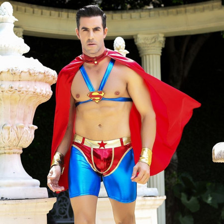 Men's erotic superman costume "Ready for anything Steve" One Size: raincoat, portupea, shorts, cuffs Men's erotic superman costume "Ready for anything Steve" One Size: raincoat, portupea, shorts, cuffs